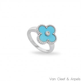 Van Cleef & Arpels White Gold Turquoise & Diamond Vintage Alhambra Ring